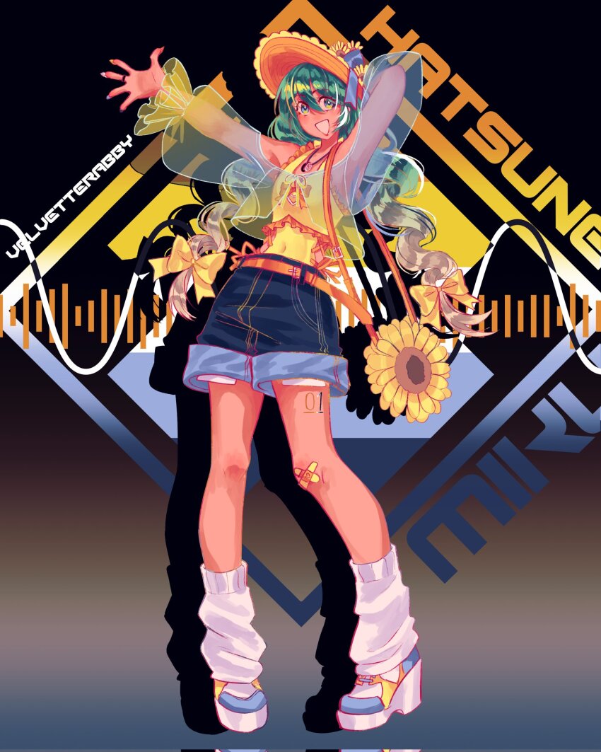 1girl :d arm_behind_head aroace_flag artist_name bag bandaid bandaid_on_knee bandaid_on_leg belt black_background blonde_hair blue_background blue_bow blue_eyes blue_hair blue_nails blue_shorts bow braid brown_hat character_name commentary corrupted_twitter_file cross-laced_clothes cross-laced_top crossed_bandaids denim denim_shorts drop_shadow flower frilled_hat frilled_shirt frilled_sleeves frills full_body gradient_background gradient_hair hair_between_eyes halterneck hat hat_bow hatsune_miku high_heel_sneakers highres jacket jewelry leg_tattoo lgbt_pride long_hair looking_at_viewer loose_socks multicolored_eyes multicolored_hair multicolored_nails necklace open_mouth orange_belt orange_hair orange_nails outstretched_arm platform_shoes pride_month ring see-through_clothes see-through_jacket shirt shoes shorts simple_background smile sneakers socks solo sound_wave standing streaked_hair sunflower symbol-only_commentary tan tattoo twin_braids velvetterabby vocaloid white_background white_hair white_nails white_socks y2k_fashion yellow_background yellow_bag yellow_bow yellow_eyes yellow_nails yellow_shirt