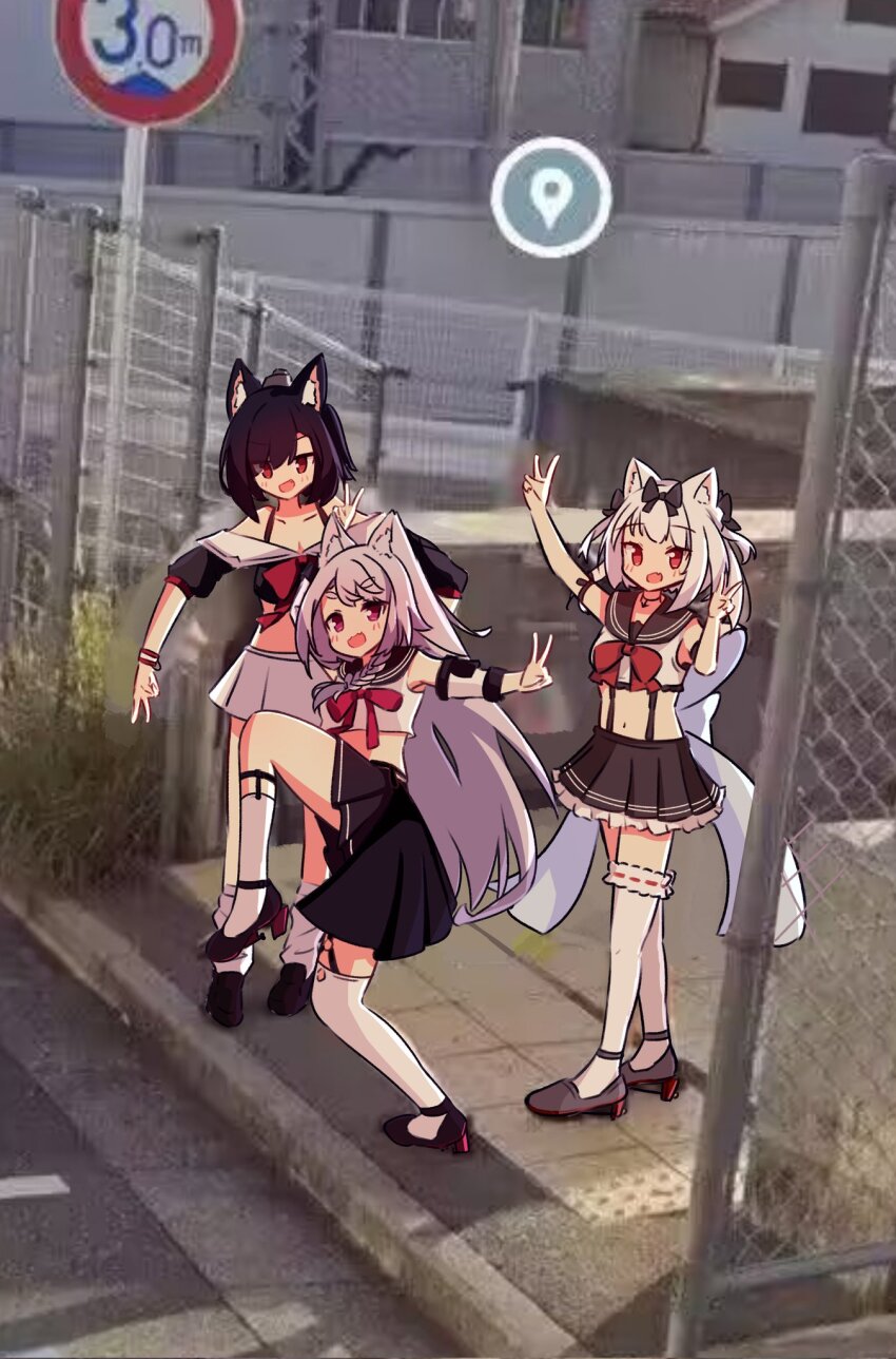3girls animal_ear_fluff animal_ears azur_lane black_footwear black_hair black_skirt bow cat_ears cat_girl chain-link_fence double_v fence full_body google_maps google_street_view high_school_girls_posing_for_google_street_view_(meme) highres kneehighs long_hair looking_at_viewer meme multiple_girls ph_painter photo_background pleated_skirt raised_curb red_bow red_eyes road_sign shigure_(azur_lane) sidewalk sign skirt socks standing standing_on_one_leg tactile_paving v white_hair white_socks wolf_ears wolf_girl yukikaze_(azur_lane) yuudachi_(azur_lane)