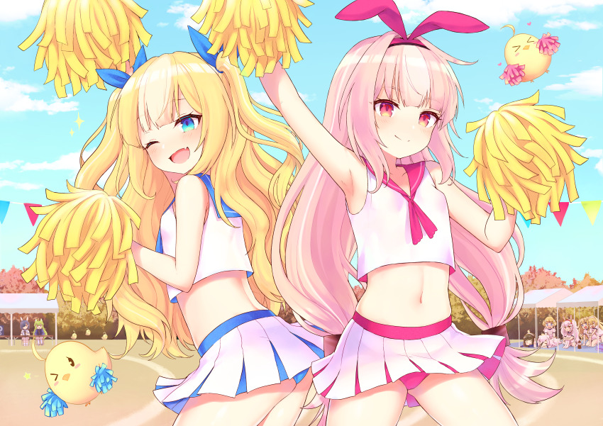 6+girls ;d absurdres akashi_(azur_lane) albacore_(azur_lane) alternate_costume animal_ears arm_up armpits ass azur_lane bache_(azur_lane) bad_id bad_pixiv_id bare_arms bare_shoulders bird blonde_hair blue_eyes blue_panties blue_sky blush breasts cheerleader chick closed_mouth cloud commentary_request cowboy_shot crop_top crop_top_overhang day fake_animal_ears fang gym_uniform hair_ribbon hairband hand_up highres hobby_(azur_lane) holding holding_pom_poms huge_filesize isao_(wasamoti) kalk_(azur_lane) laffey_(azur_lane) le_triomphant_(azur_lane) long_hair long_island_(azur_lane) looking_at_viewer looking_back manjuu_(azur_lane) midriff miniskirt multicolored_hair multiple_girls navel one_eye_closed open_mouth outdoors panties pantyshot pink_hair pink_panties pleated_skirt pom_pom_(cheerleading) pom_poms rabbit_ears red_eyes ribbon sailor_collar sailor_shirt shiranui_(azur_lane) shirt skirt sky sleeveless sleeveless_shirt small_breasts smile standing stomach two-tone_hair two_side_up underwear very_long_hair white_shirt white_skirt