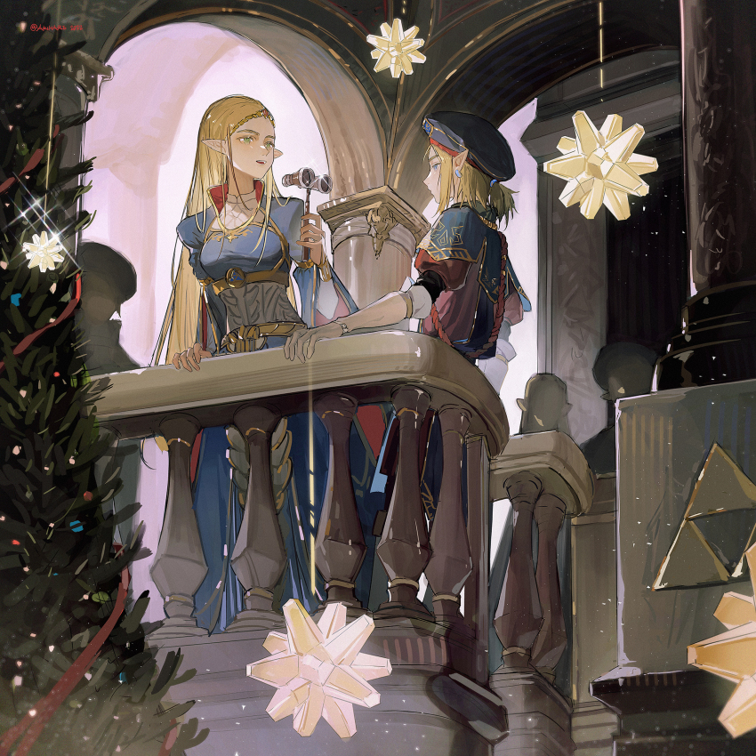 1boy 1girl akihare arch artist_name balcony binoculars blonde_hair blue_dress blue_headwear braid braided_bangs breasts christmas_ornaments christmas_tree commentary crown_braid dress earrings english_commentary faceless gloves green_eyes half_updo hand_up highres jewelry layered_sleeves light_particles link long_hair long_sleeves looking_at_another looking_to_the_side medium_breasts nintendo opera_glasses pine_tree pointy_ears princess_zelda profile puffy_short_sleeves puffy_sleeves railing rope royal_guard_set_(zelda) short_over_long_sleeves short_sleeves smile sparkle standing the_legend_of_zelda the_legend_of_zelda:_breath_of_the_wild tree white_gloves wide_sleeves