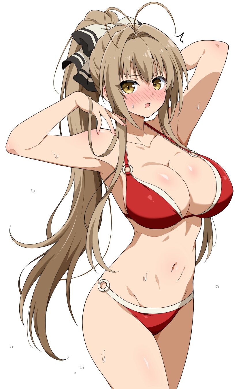 1girl absurdres amagi_brilliant_park antenna_hair arm_behind_head bikini blush breasts brown_eyes brown_hair cleavage eggman_(ni_tamagoex) hair_ribbon highres large_breasts leotard nose_blush o-ring o-ring_bikini o-ring_bottom o-ring_top ponytail red_bikini red_leotard ribbon sento_isuzu simple_background solo swimsuit white_background
