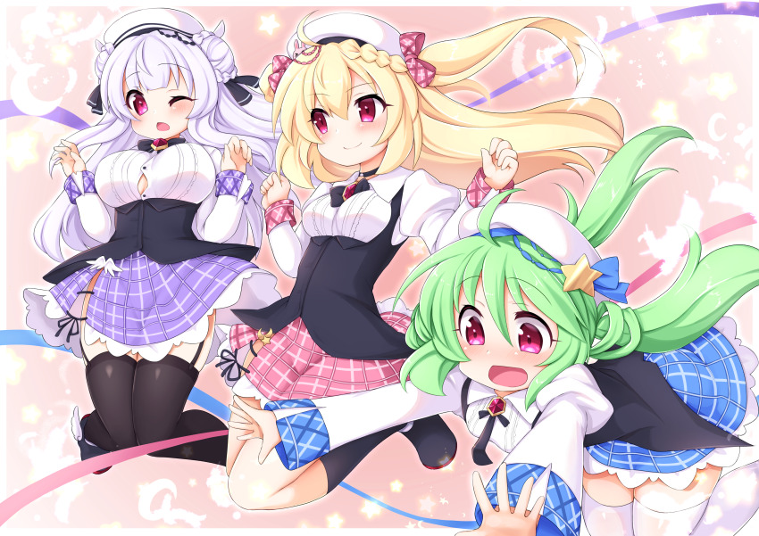 3girls absurdres azur_lane beret black_ribbon black_socks black_thighhighs blonde_hair blue_skirt braid checkered_clothes checkered_skirt closed_mouth comet_(azur_lane) comet_(retrofit)_(azur_lane) crescent_(azur_lane) crescent_(retrofit)_(azur_lane) cygnet_(azur_lane) cygnet_(retrofit)_(azur_lane) green_hair hair_ornament hair_ribbon hands_up hat highres kinomiki_nobori long_hair long_sleeves low_twintails multiple_girls one_eye_closed open_mouth purple_skirt red_eyes red_ribbon red_skirt ribbon skirt smile socks star_(symbol) star_hair_ornament textless_version thighhighs twintails two_side_up white_hair white_hat white_thighhighs