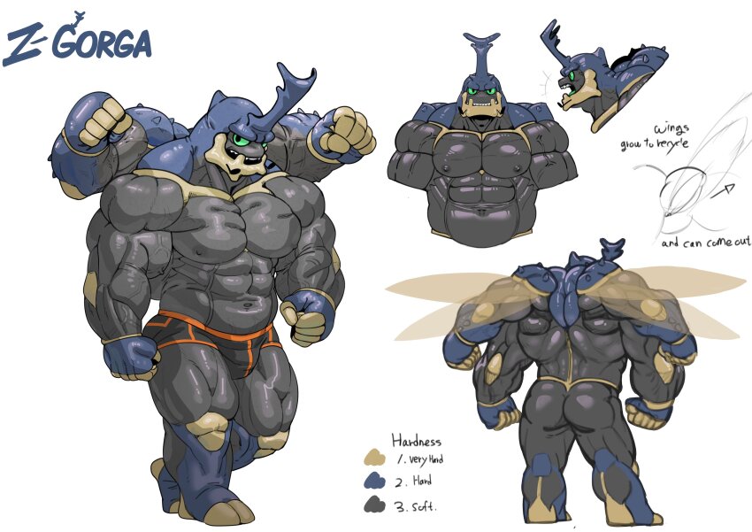 1boy abs absurdres arthropod_boy ass back bara beetle_boy black_male_underwear black_skin blue_gloves blue_skin boxer_briefs bulge carapace clenched_hands colored_sclera colored_skin colored_tongue english_text extra_arms fewer_digits full_body gloves green_sclera green_tongue highres horns insect_wings large_pectorals looking_at_viewer male_focus male_underwear multicolored_skin multiple_views muscular muscular_male nipples open_mouth original pectorals reference_sheet simple_background single_horn soonsky_kumu standing topless_male underwear veins walking white_background wings