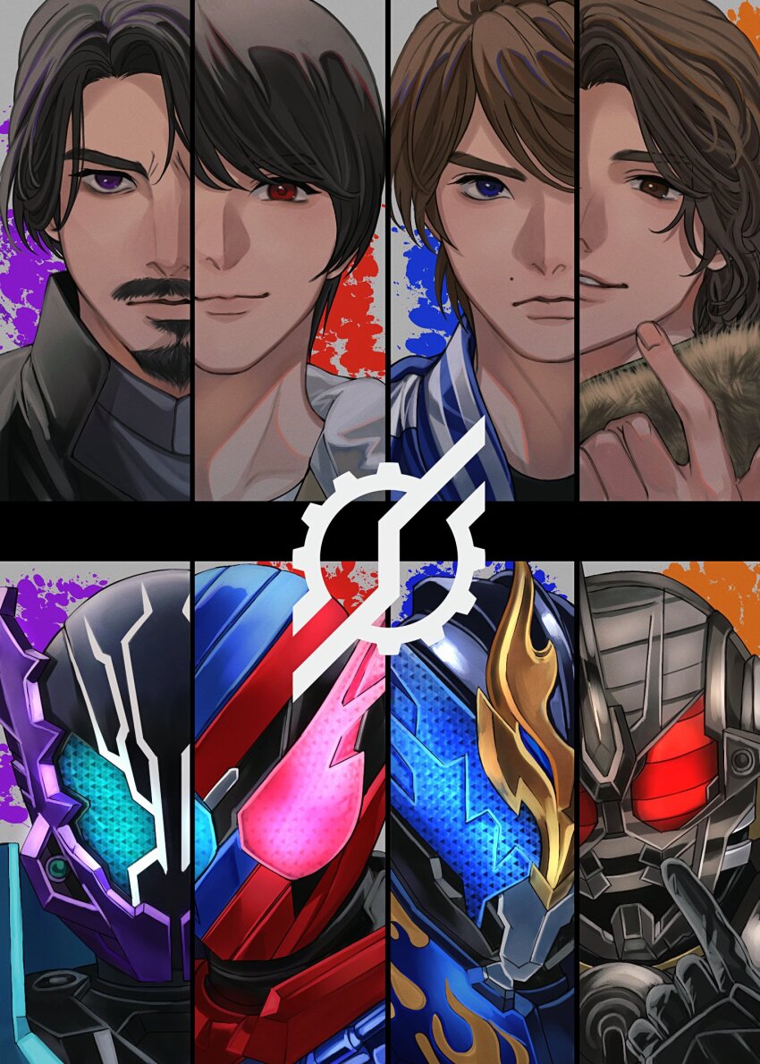4boys armor armored_gloves banjou_ryuuga beard black_hair black_jacket black_shirt blue_armor blue_eyes blue_helmet blue_jacket brown_eyes brown_hair brown_jacket chest_armor collared_shirt compound_eyes curly_hair dragon_horns facial_hair fang fangs flame_print fur_jacket gloves grey_shirt helmet heterochromia highres himuro_gentoku hood hood_down horns index_finger_raised jacket kamen_rider kamen_rider_build kamen_rider_build_(series) kamen_rider_cross-z kamen_rider_grease kamen_rider_rogue kiryuu_sento logo mechanical_horns mole multicolored_armor multiple_boys mustache parka parted_bangs purple_armor purple_eyes red_eyes red_helmet sasakura34 sawatari_kazumi serious shirt smile swept_bangs teeth white_shirt