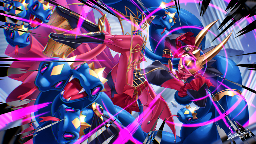 1girl bare_shoulders black_boots black_shirt black_skirt blue_hair boots breasts colored_skin digimon digimon_(creature) fangs finger_frame highres kazuki_seihou long_hair low_wings medusamon miniskirt open_mouth red_skin shirt skirt small_breasts snake_hair solo tongue tongue_out wings