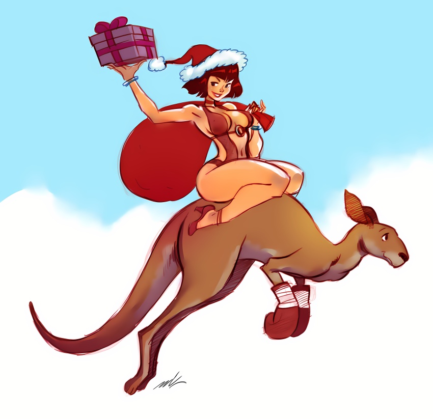 1girl absurdres alternate_costume anna_williams bandai_namco bangle bare_legs bob_cut box boxing_gloves bracelet breasts brown_eyes brown_hair casual_one-piece_swimsuit christmas christmas_present cloud cloudy_sky contrapposto eyeshadow gift gift_bag gift_box halterneck hat high_heels highleg highleg_one-piece_swimsuit highres holding holding_gift horseback_riding jewelry kangaroo large_breasts linea_alba lipstick looking_at_viewer makeup md5_mismatch o-ring one-piece_swimsuit over_shoulder red_bag red_footwear red_hair resolution_mismatch riding roger_(tekken) santa_hat seeso2d shoes short_hair sideboob signature skindentation sky slingshot_swimsuit smile source_smaller stomach swimsuit tekken tekken_tag_tournament_2 thick_thighs thighs toned underboob wide_hips