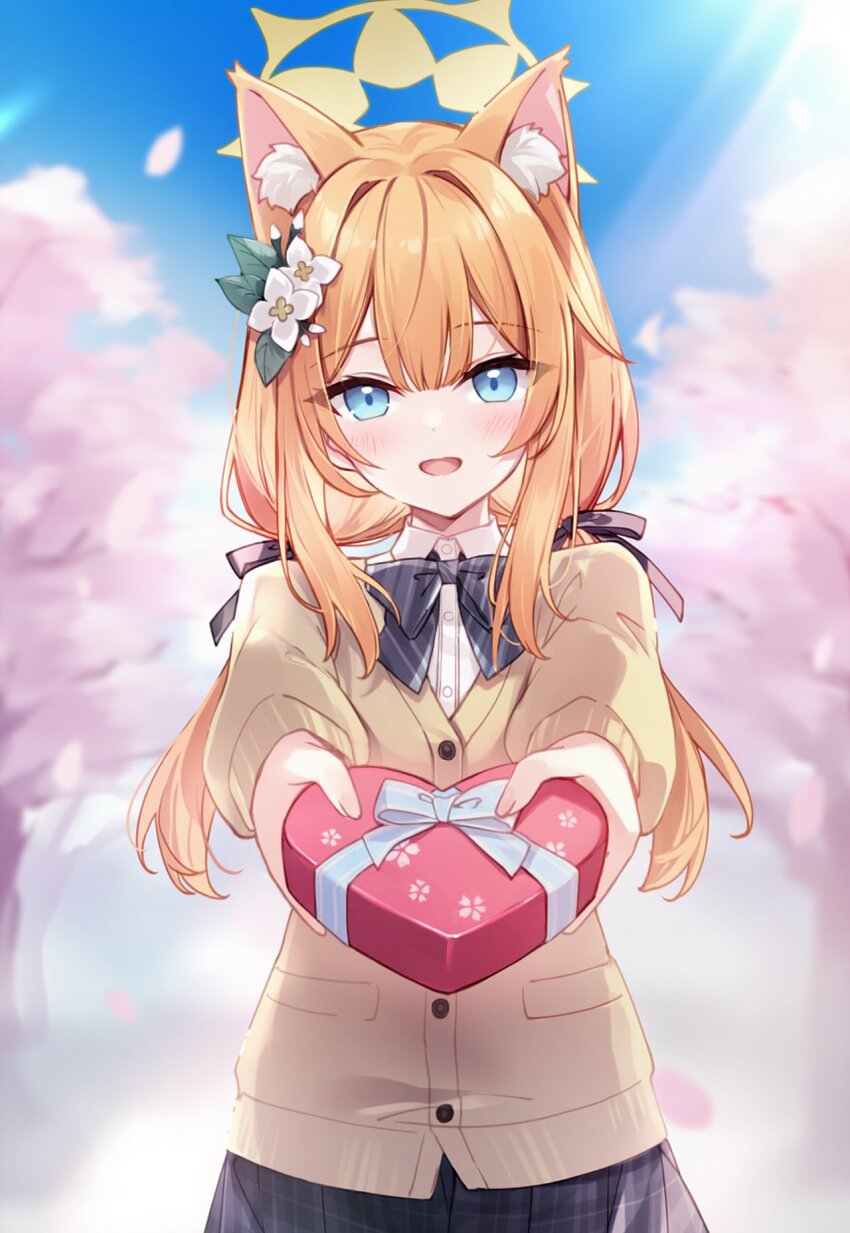 1girl animal_ear_fluff animal_ears blue_archive blue_eyes blush bow box box_of_chocolates cardigan cat_ears female_focus flower gift hair_flower hair_ornament hair_ribbon halo highres looking_at_viewer low_twintails mari_(blue_archive) open_mouth orange_hair outdoors plaid_clothes plaid_skirt pleated_skirt ribbon school_uniform skirt sola41723 twintails valentine yellow_halo