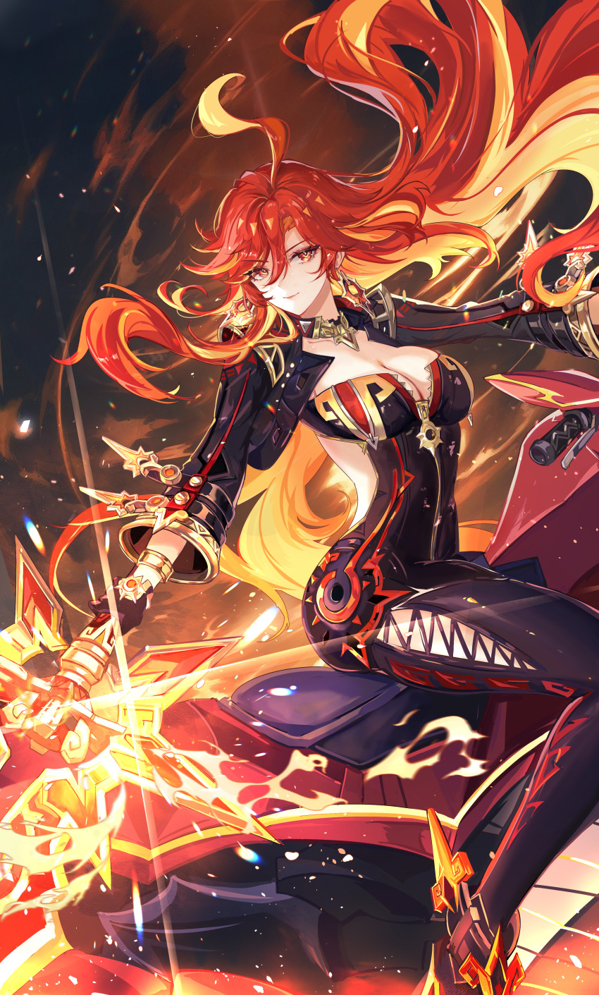 1girl a_thousand_blazing_suns_(genshin_impact) absurdres ahoge biker_clothes bikesuit black_bodysuit black_gloves black_jacket bodysuit breasts cleavage closed_mouth colored_inner_hair commentary_request cropped_jacket earrings floating_hair genshin_impact gloves hair_between_eyes highres holding holding_sword holding_weapon huge_ahoge jacket jewelry large_breasts long_hair looking_at_viewer mavuika_(genshin_impact) motor_vehicle motorcycle multicolored_hair on_motorcycle orange_eyes orange_hair orange_pupils partial_commentary sitting smile solo sword vardan very_long_hair weapon zipper_pull_tab