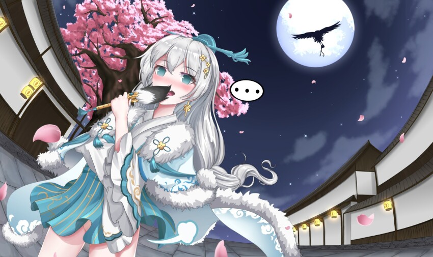 ... 1girl architecture bird blue_eyes blush byeoljagga cherry_blossoms chinese_clothes cloud cloudy_sky commission earrings east_asian_architecture hair_between_eyes hair_ornament hand_fan hawk highres holding holding_fan honkai_(series) honkai_impact_3rd jewelry korean_commentary lantern looking_at_viewer moon night night_sky open_mouth outdoors petals sky solo teeth theresa_apocalypse tree white_hair zhuge_kongming_(honkai_impact)