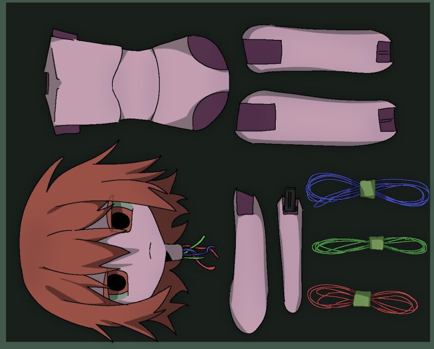 1girl a.i._voice adachi_rei android border cable closed_mouth commentary_request detached_arm detached_legs disassembly disembodied_head green_border joints looking_at_viewer mechabare medium_hair no_genitals no_nipples no_pussy nude orange_eyes orange_hair robot_joints simple_background sn_(sn_utu00) solo utau