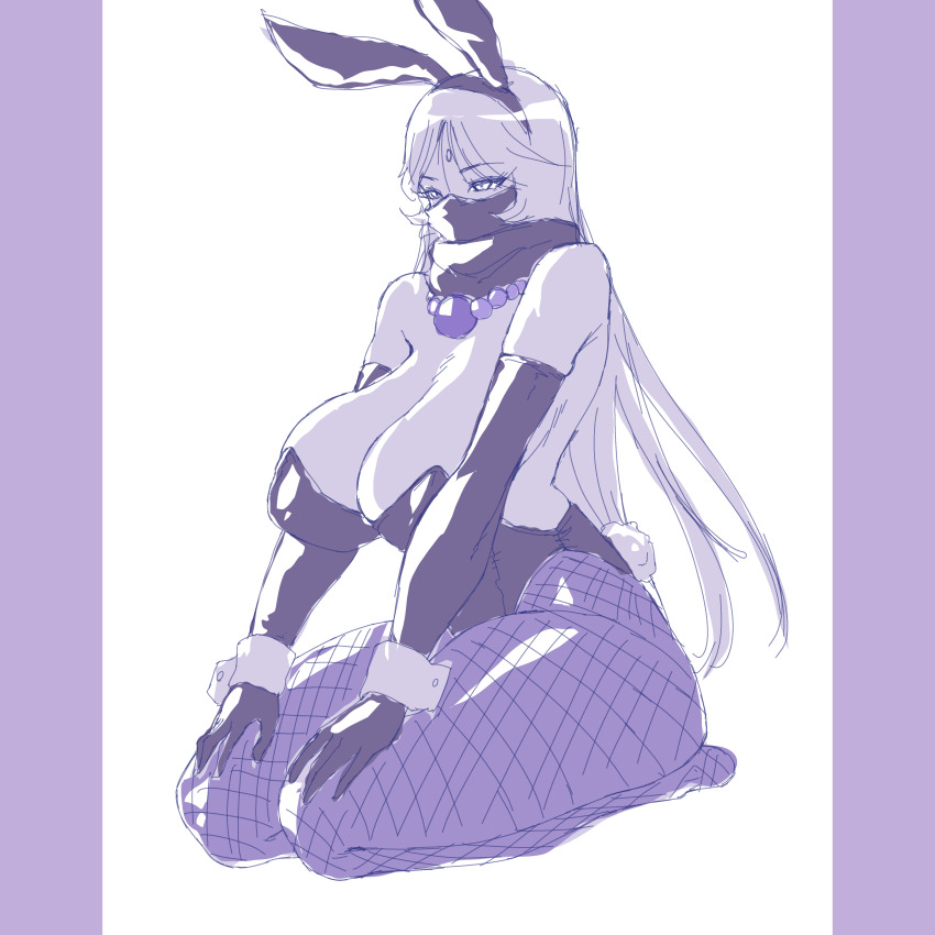absurdres alternate_costume animal_costume breasts digimon digimon_(creature) gerusyu highres huge_breasts jewelry long_hair looking_ahead necklace rabbit_costume rabbit_ears rabbit_tail sanzomon scarf scarf_over_mouth sitting