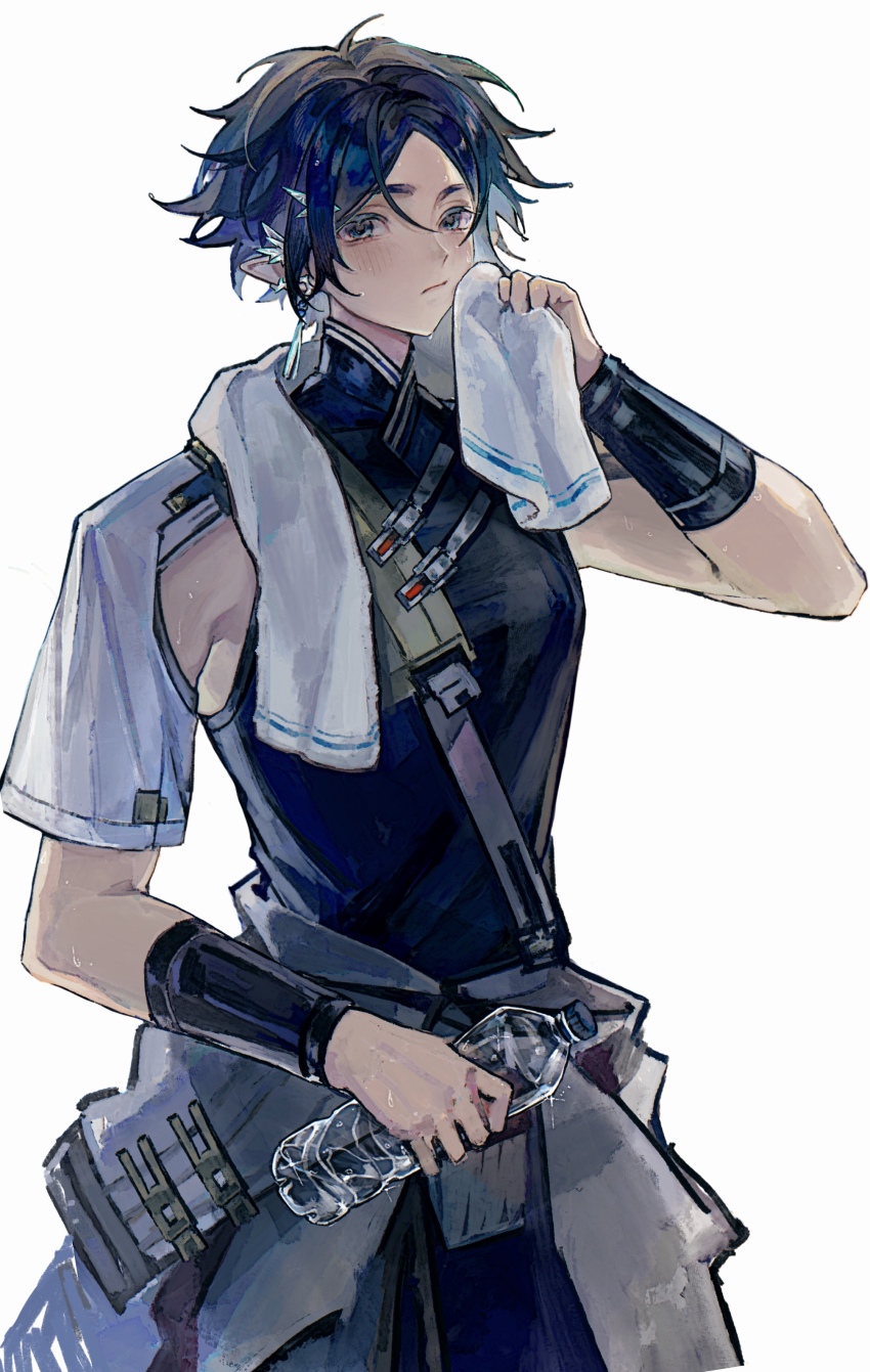 1boy absurdres aqua_eyes arknights armor bare_shoulders black_shirt blue_hair blush bottle chinese_commentary closed_mouth clothing_cutout commentary_request drink earrings hair_between_eyes highres holding holding_bottle holding_drink jewelry looking_at_viewer male_focus parted_bangs plastic_bottle pointy_ears shirt short_hair short_sleeves shoulder_cutout simple_background solo sweat towel vambraces water_bottle white_background wiping_sweat yezhi_dun_luobei zuo_le_(arknights)