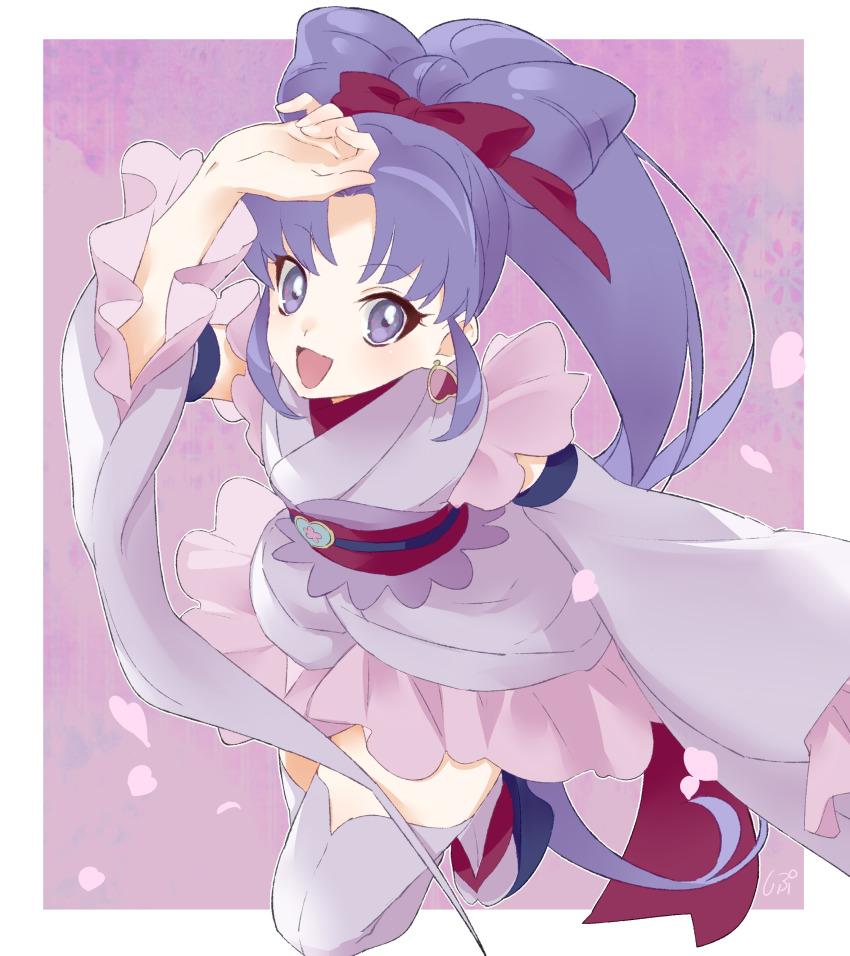 1girl absurdly_long_hair absurdres black_sandals border bow bow-shaped_hair cure_fortune cure_fortune_(anmitsu_komachi) detached_sleeves dot_nose dress earrings eyelashes frilled_kimono frilled_sleeves frills full_body hair_bow hand_on_own_head happinesscharge_precure! happy heart heart_earrings high_ponytail highres hikawa_iona japanese_clothes jewelry kimono light_blush long_hair long_sleeves magical_girl miniskirt official_alternate_costume okobo open_mouth outline outside_border parted_bangs petals pink_skirt platform_sandals pleated_skirt ponytail precure purple_background purple_eyes purple_hair purple_kimono purple_sleeves purple_thighhighs red_bow sandals shipu_(gassyumaron) short_dress skirt sleeveless sleeveless_kimono smile solo stud_earrings tabi thighhighs very_long_hair white_border white_outline wide_sleeves