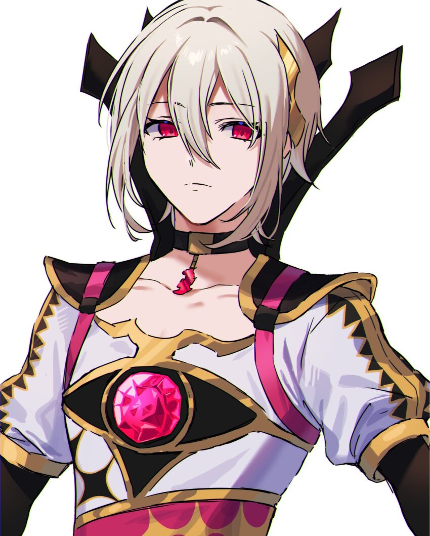 1boy androgynous choker emblem fire fire_emblem fire_emblem_engage hair_between_eyes hair_ornament highres male_focus nil_(fire_emblem) nintendo rafal_(fire_emblem) red_eyes simple_background solo tomo_shirasu white_hair
