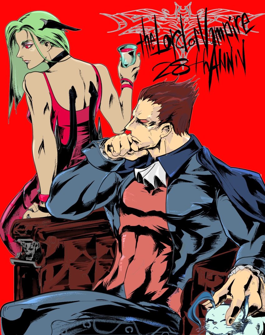 alternate_costume bare_shoulders blue_bodysuit blue_cape bodysuit brown_hair cape cup darkstalkers demitri_maximoff demon_girl demon_wings green_hair head_wings highres holding holding_cup morrigan_aensland multiple_wings nishi24_(hiroki_nishi) red_background red_eyes red_tank_top simple_background tank_top wings