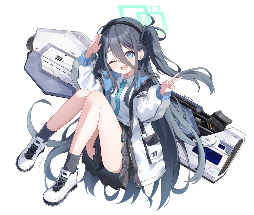 1girl absurdres aqua_necktie aris_(blue_archive) artist_name black_hair black_hairband black_skirt black_socks blue_archive blue_eyes blush collared_shirt commentary exusiai_dust full_body gun hair_between_eyes hairband highres jacket knees_up legs long_hair long_hair_between_eyes long_sleeves looking_at_viewer miniskirt necktie one_eye_closed one_side_up open_clothes open_jacket open_mouth pleated_skirt salute shirt shoes skirt smile sneakers socks solo v very_long_hair weapon white_jacket white_shirt white_shoes