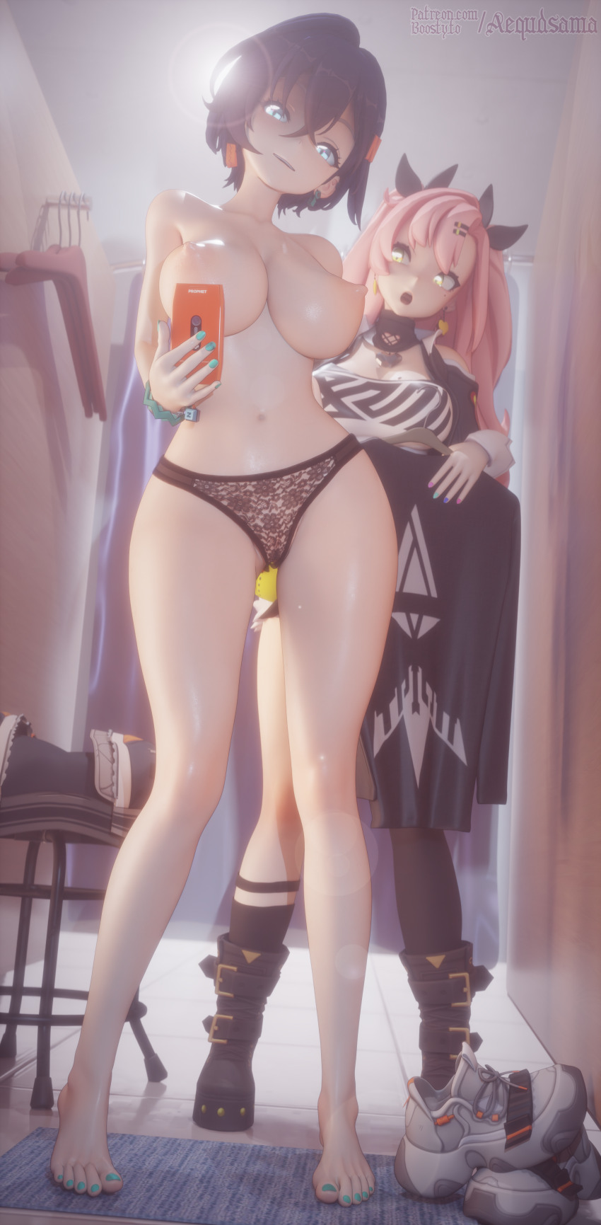 2girls 3d absurdres aequdsama aqua_nails arm_behind_back artist_name bare_legs barefoot belle_(zenless_zone_zero) black_footwear black_panties black_ribbon black_socks blue_eyes blue_hair boots bracelet breasts cellphone changing_clothes clothes_hanger clothing_cutout commentary crop_top crossed_bangs earrings english_commentary feet fitting_room full_body hair_ornament hairclip heart heart_earrings heart_necklace highres holding holding_jacket holding_phone holding_unworn_clothes indoors jacket jewelry lace lace_panties large_breasts legs letter_hair_ornament long_hair long_sleeves looking_at_another looking_at_viewer mole mole_on_breast mole_under_eye multicolored_nails multiple_girls nail_polish navel necklace nicole_demara nipples open_mouth panties parted_lips partially_visible_vulva phone pink_hair ribbon rug see-through_clothes shiny_skin shoes short_hair shoulder_cutout single_thighhigh socks stool strapless thighhighs thighs tile_floor tiles toes topless_female tube_top turtleneck underwear underwear_only undressing unworn_jacket unworn_shoes white_tube_top yellow_eyes zenless_zone_zero