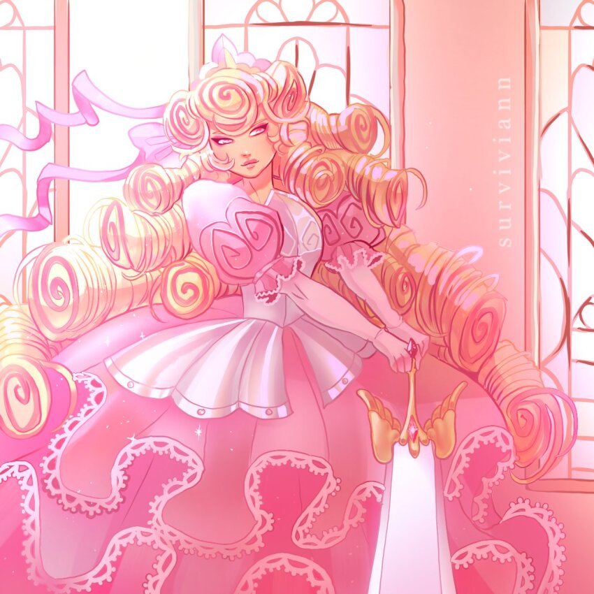1girl blonde_hair character_name colored_eyelashes cookie_run cookie_run:_kingdom dress heart highres humanization kouign-amann_cookie long_hair looking_at_viewer multicolored_hair open_mouth personification pink_dress pink_eyes pink_hair smile solo surviviann sword weapon