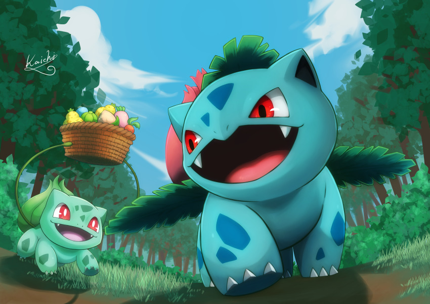 :d absurdres basket berry_(pokemon) bulbasaur claws cloud commentary_request day fangs gen_1_pokemon grass happy highres ivysaur kaichi_(tomiyu25) nintendo open_mouth outdoors pokemon pokemon_(creature) signature sky smile tree
