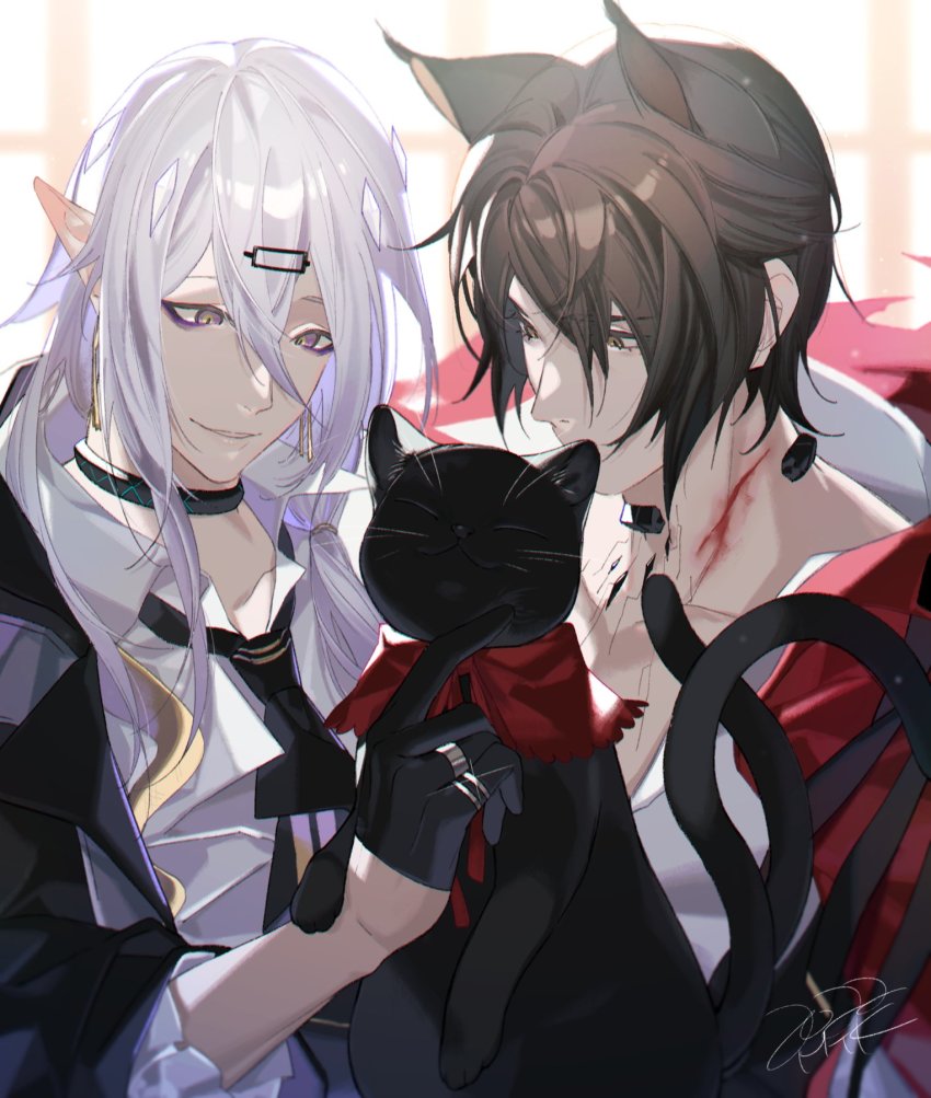 2boys animal_ears arknights black_cat black_gloves brown_eyes cat cat_ears miss_christine_(arknights) gloves grey_hair grin hair_between_eyes highres jewelry long_hair male_focus material_growth mtk_(souko) multiple_boys oripathy_lesion_(arknights) phantom_(arknights) phantom_(focus)_(arknights) pointy_ears purple_eyes ring shalem_(arknights) shirt smile upper_body white_hair white_shirt