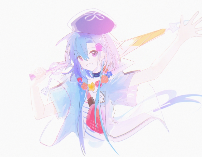 1boy :d absurdres arknights arm_up black_collar blue_hair blue_jacket chinese_commentary closed_umbrella collar commentary_request flower flower_necklace hair_between_eyes hair_ornament highres holding holding_umbrella infection_monitor_(arknights) jacket jewelry looking_at_viewer male_focus mizuki_(arknights) mizuki_(summer_feast)_(arknights) necklace official_alternate_costume open_mouth parted_lips purple_eyes shirt short_hair simple_background smile solo starry_(wushihaojiaoqiu) umbrella waving white_background white_shirt