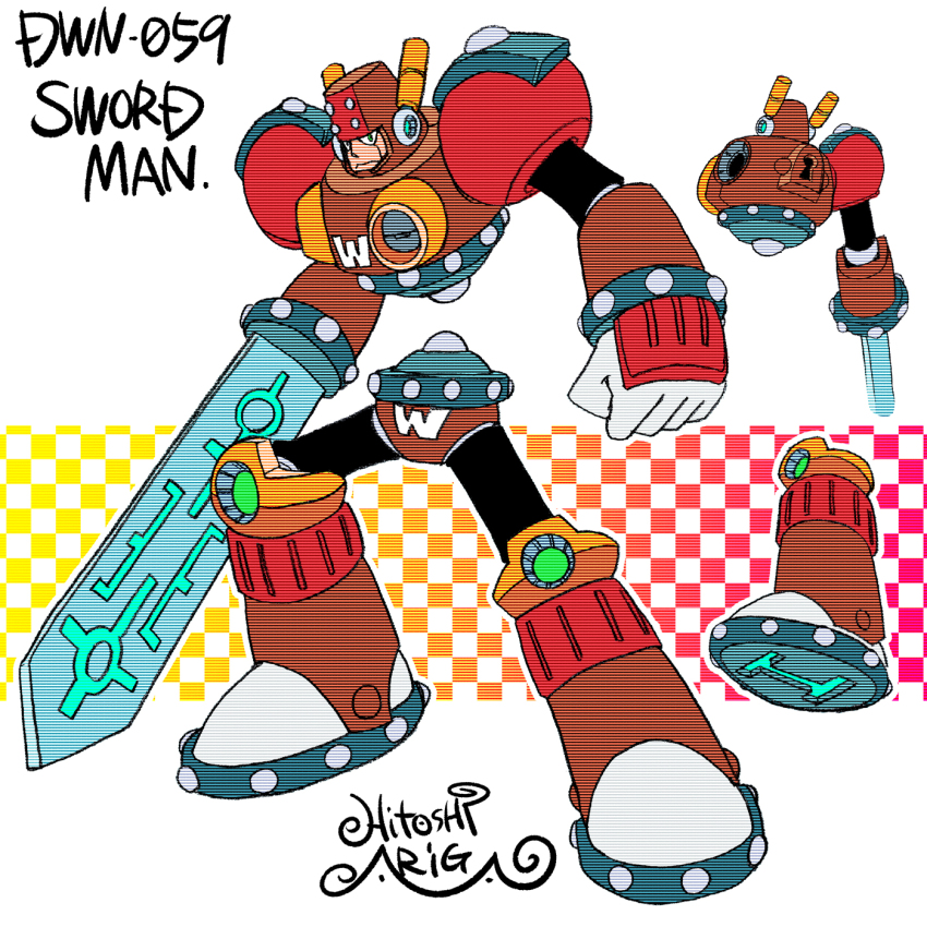 1boy android ariga_hitoshi armor artist_name black_bodysuit bodysuit boots brown_armor brown_footwear character_name checkered_background closed_mouth colored_shoe_soles commentary_request concept_art from_behind full_body gloves gradient_background green_eyes grey_footwear helmet highres holding keyhole knee_boots looking_ahead male_focus mega_man_(classic) mega_man_(series) mega_man_8 mega_man_megamix multiple_views no_humans orange_background red_armor red_background reference_sheet robot robot_ears scanlines shoe_soles shoulder_armor signature simple_background standing sword sword_man turnaround upper_body weapon white_background white_gloves yellow_background