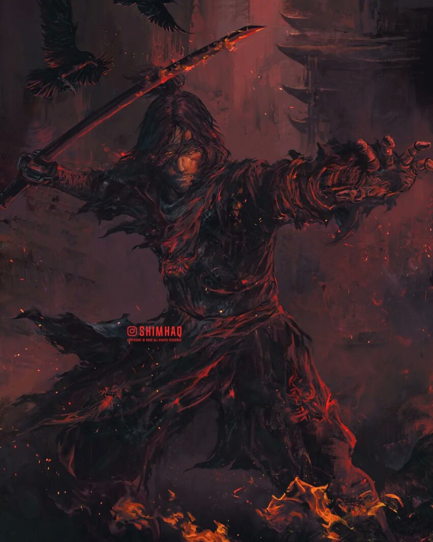 1boy architecture artist_name bad_end bird black_hair brown_kimono closed_mouth copyright_notice crow east_asian_architecture facial_hair fire flaming_sword flaming_weapon grey_scarf hakama hakama_pants highres holding holding_sword holding_weapon instagram_logo japanese_clothes katana kimono mechanical_arms medium_hair ninja one-eyed pants prosthesis prosthetic_arm red_eyes scarf sekiro sekiro:_shadows_die_twice shimhaq shura_(sekiro) single_mechanical_arm solo sword topknot torn torn_clothes torn_coat weapon