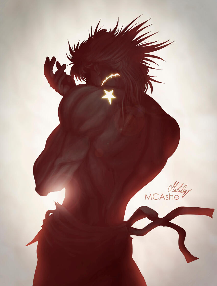 absurdres belt birthmark dio_brando dio_brando&#039;s_pose_(jojo) from_behind highres joestar_birthmark jojo_no_kimyou_na_bouken jojo_pose male_focus mcashe medium_hair messy_hair muscular muscular_male scar scar_on_neck signature solo stardust_crusaders three_quarter_view topless_male upper_body