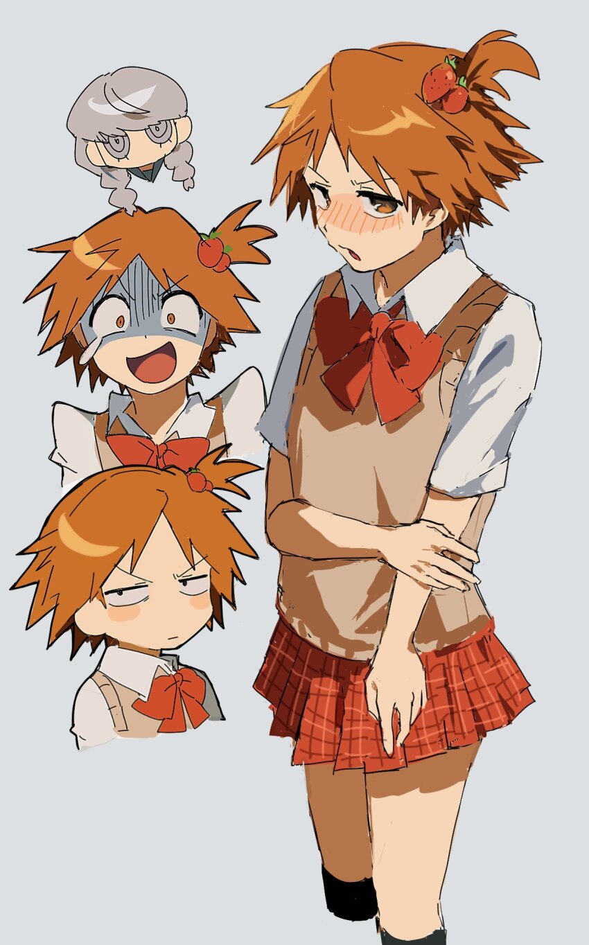 2boys blush bow bowtie braid brown_eyes brown_hair brown_sweater_vest closed_mouth collared_shirt commentary_request crossdressing food-themed_hair_ornament grey_background grey_eyes grey_hair hair_ornament hanamura_yousuke hand_on_own_arm highres korean_commentary male_focus multiple_boys multiple_views narukami_yu nt_26 one_side_up open_mouth persona persona_4 pleated_skirt red_bow red_bowtie red_skirt shaded_face shirt simple_background skirt strawberry_hair_ornament sweater_vest twin_braids white_shirt