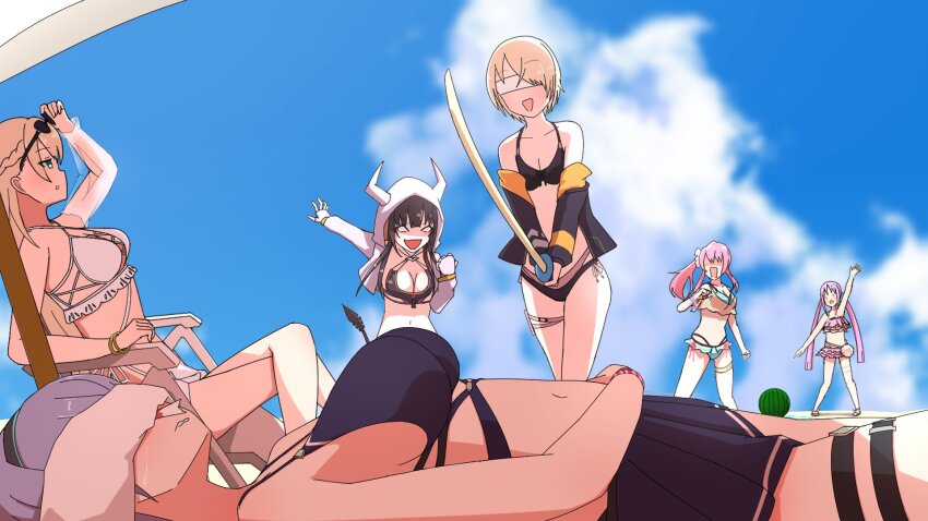 6+girls aikawa_megumi asakura_karen_(heaven_burns_red) beach blindfold blonde_hair blue_sky catflish food fruit glasses heaven_burns_red highres izumi_yuki_(heaven_burns_red) kayamori_ruka kunimi_tama long_hair multiple_girls pink_hair shinai sky suikawari swimsuit sword toujou_tsukasa watermelon weapon