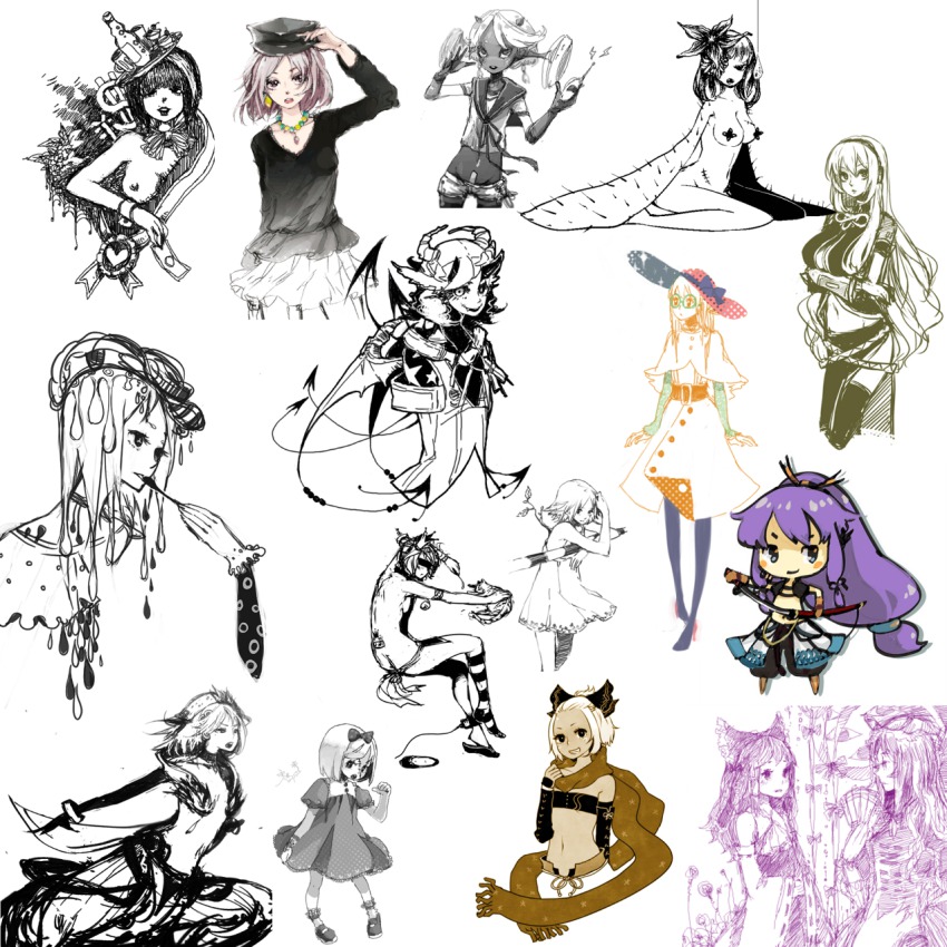 6+girls 7th_dragon 7th_dragon_(series) bad_id bad_pixiv_id breasts female_focus forehead hakurei_reimu hatch_(7th_dragon) high_ponytail highres kamui_gakupo large_breasts medium_breasts megurine_luka monochrome multiple_girls pantyhose ponytail reika_(artist) reika_(clovia_studio) rogue_(7th_dragon) samurai_(7th_dragon) sketch small_breasts thighhighs touhou vocaloid yakumo_yukari