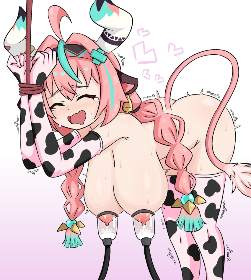 1girl animal_costume animal_ears armpits ass bell blue_hair blush breasts censored_nipples closed_eyes cow_costume cow_ears cow_girl cow_horns cow_tail cowbell doggy_style_(stand) female_focus genshin_impact horns jua large_breasts large_nipples legs long_hair looking_at_viewer milk milking milking_machine multicolored_hair nipples open_mouth panties pink_hair solo standing sweat tail tears thighhighs tongue trembling underwear varesa_(genshin_impact) wet