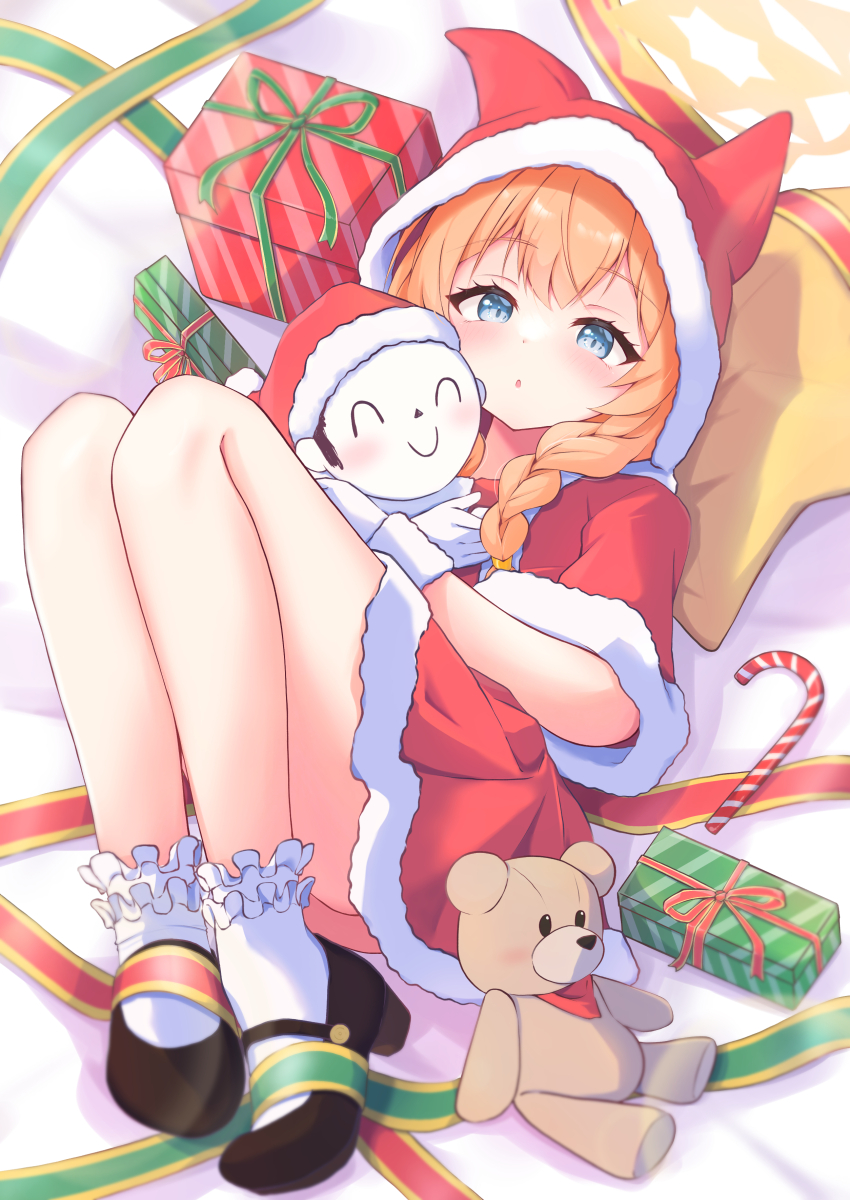 1girl absurdres black_shoes blue_archive blue_eyes blush box braid capelet doodle_sensei_(blue_archive) dress full_body gift gift_box gloves highres hood hood_up hooded_capelet karupa_(karupapon) long_hair looking_at_viewer mari_(blue_archive) orange_hair parted_lips red_capelet red_dress santa_costume sensei_(blue_archive) shoes single_braid socks solo white_gloves white_socks