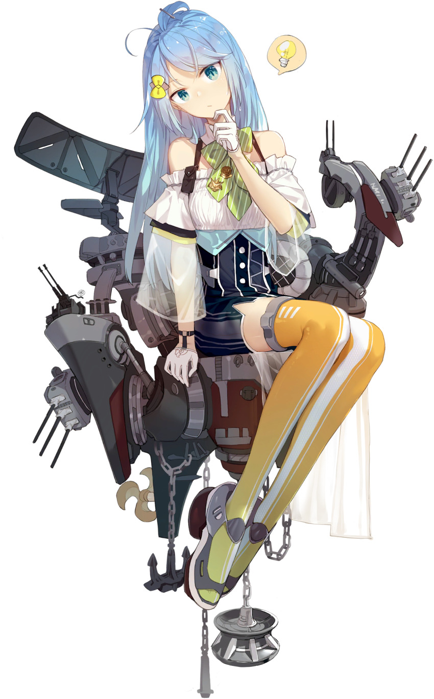 1girl anchor aqua_hair artist_request bare_shoulders black_surge_night blue_eyes bow bowtie breasts chain closed_mouth full_body gloves green_bow green_bowtie helena_(black_surge_night) high-waist_skirt highres light_bulb long_hair looking_at_viewer official_art orange_thighhighs rigging see-through_clothes see-through_sleeves sitting skirt solo spoken_light_bulb thighhighs transparent_background turret white_gloves