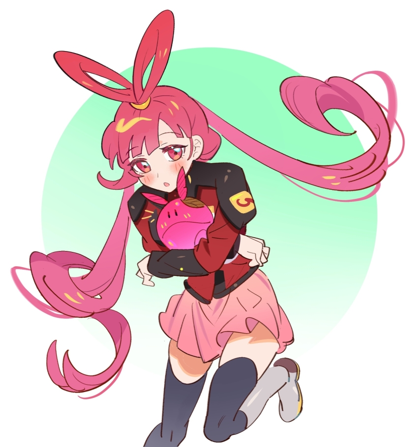 1girl :o black_thighhighs blush cosplay crossover fieeeeee gundam gundam_seed hair_ornament hair_rings haro highres holding long_hair lunamaria_hawke lunamaria_hawke_(cosplay) magi_the_labyrinth_of_magic military military_uniform pink_skirt red_eyes red_hair red_uniform ren_kougyoku skirt solo thighhighs zaft_uniform