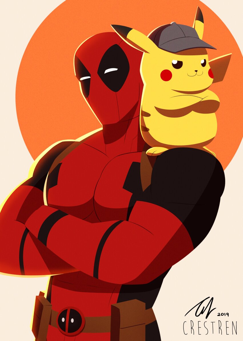 2019 2boys :3 absurdres actor_connection belt black_bodysuit bodysuit brown_belt crestren crossed_arms crossover deadpool deadpool_(series) deerstalker detective_pikachu_(character) detective_pikachu_(movie) detective_pikachu_(series) gen_1_pokemon hat highres holster jumpsuit marvel multicolored_bodysuit multiple_boys muscular muscular_male nintendo on_shoulder pikachu pokemon pokemon_(creature) pokemon_on_shoulder red_bodysuit red_jumpsuit red_mask ryan_reynolds signature simple_background thigh_holster two-tone_bodysuit voice_actor_connection