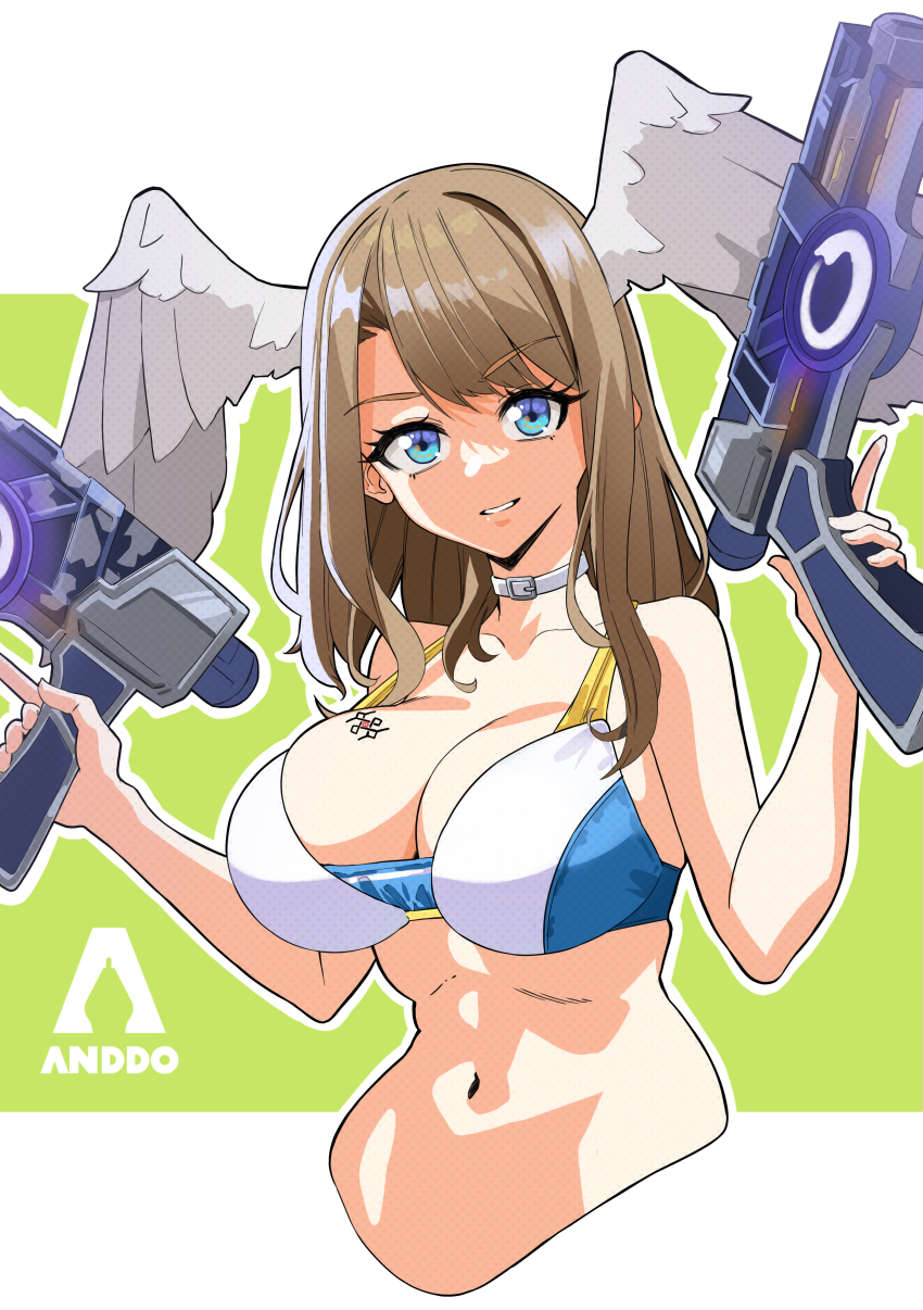 1girl absurdres bare_shoulders bikini blue_eyes breasts brown_hair choker cleavage eunie_(xenoblade) grin gun head_wings highres holding holding_gun holding_weapon i_am_anddo large_breasts long_hair looking_at_viewer navel official_alternate_costume smile solo swimsuit upper_body weapon wings xenoblade_chronicles_(series) xenoblade_chronicles_3