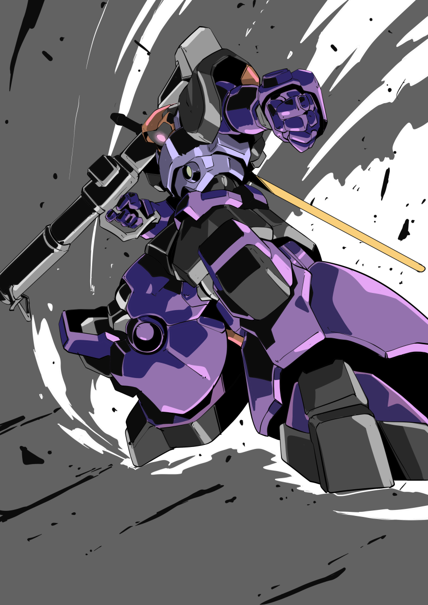 absurdres bazooka_(gundam) clenched_hand commentary cooking_corporation debris dom_(mobile_suit) dust_cloud energy_sword gundam highres holding holding_weapon mecha mecha_focus mobile_suit mobile_suit_gundam niidan no_humans one-eyed purple_eyes robot science_fiction solo standing sword weapon