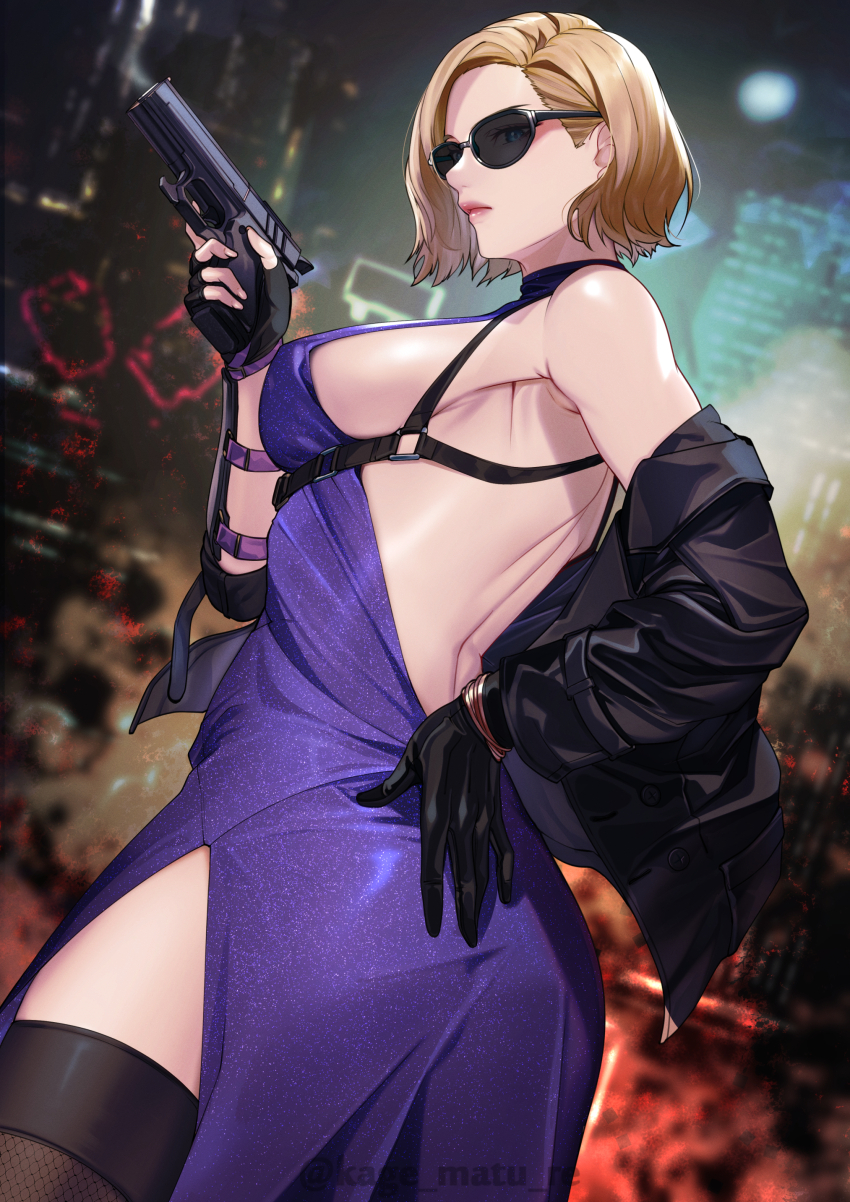 1girl absurdres blonde_hair breasts gun highres large_breasts nina_williams solo sunglasses tekken tekken_8 weapon