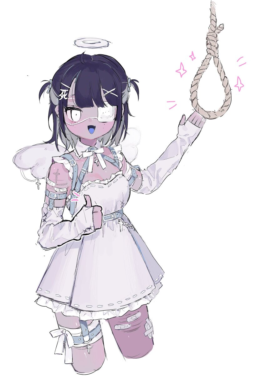 1girl 28mm absurdres angel bandaid bandaid_on_leg black_hair breasts colored_inner_hair cropped_legs cross dark-skinned_female dark_skin detached_collar dress elbow_gloves eyepatch fang fingerless_gloves gloves grey_hair hair_ornament halo highres kanji_hair_ornament looking_at_viewer medical_eyepatch multicolored_hair neck_ribbon noose open_mouth original ribbon scar scar_on_leg self-harm short_hair simple_background sketch small_breasts smile solo sparkle thigh_strap thumbs_up two-tone_hair two_side_up white_background white_eyes white_ribbon wings x_hair_ornament yami_kawaii