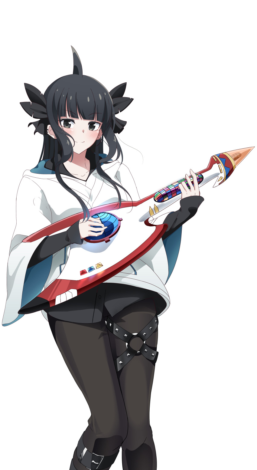 1girl absurdres artemis_of_the_blue atelier_live black_hair black_shirt blunt_bangs collared_shirt commentary ear_piercing electric_guitar english_commentary gitaroo_man guitar highres holding holding_guitar holding_instrument hood hood_down hoodie instrument layered_clothes lizta mole mole_under_eye o-ring o-ring_thigh_strap piercing shark_fin shark_girl shirt solo thigh_strap transparent_background virtual_youtuber wavy_sidelocks white_hoodie wide_sleeves