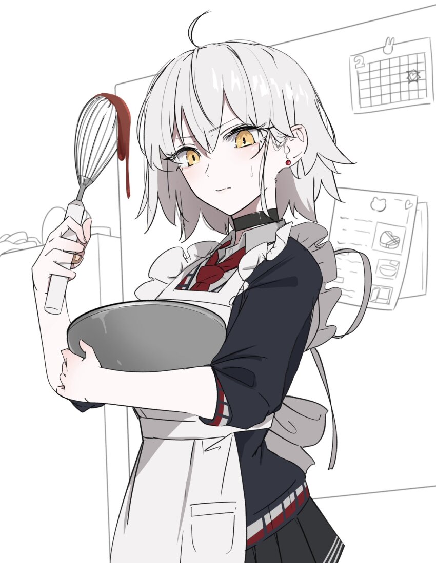 1girl ahoge apron baking blush bowl calendar_(object) collar earrings fate/grand_order fate_(series) highres jeanne_d&#039;arc_alter_(fate) jewelry magnet refrigerator refrigerator_magnet ri_o_ne_su valentine whisk white_hair yellow_eyes