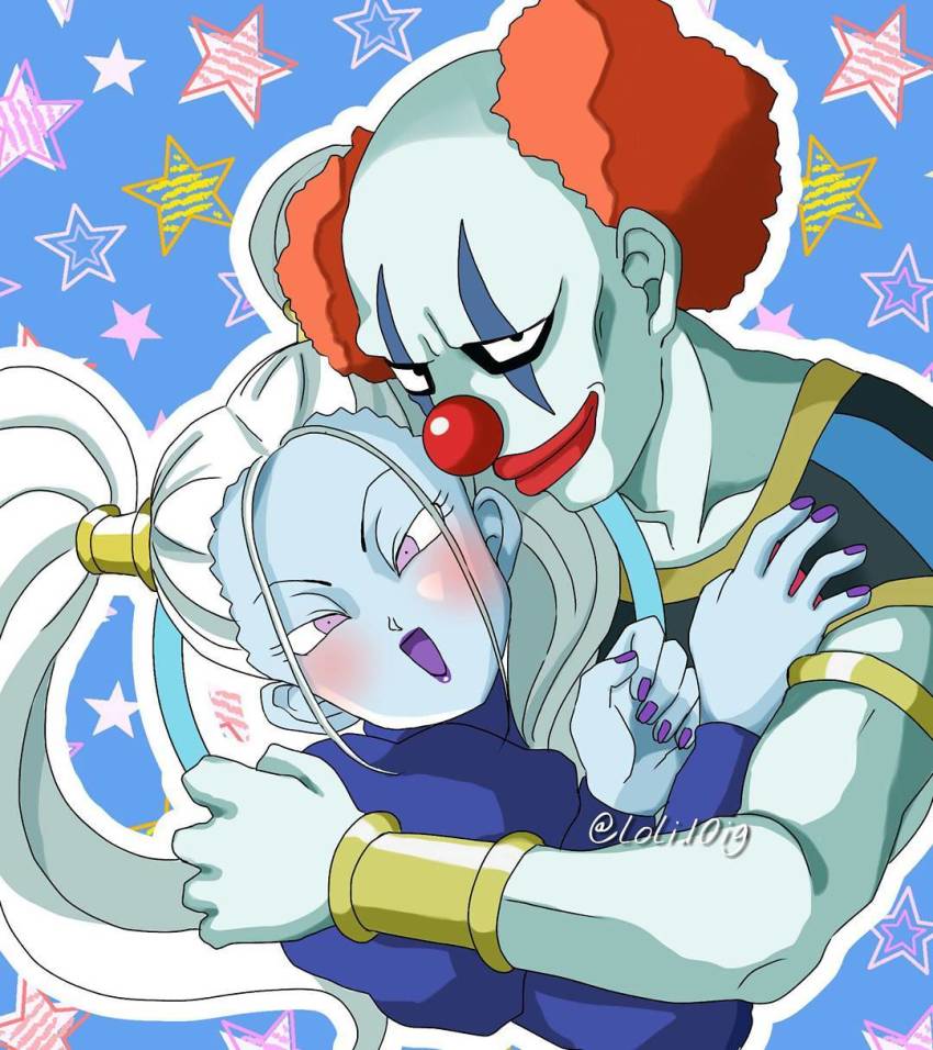 10s 1boy 1girl :d angel_(dragon_ball) armlet black_eyes blue_background blush bracelet bracer c: closed_mouth clown clown_nose collarbone colored_skin couple dragon_ball dragon_ball_super facial_mark grey_skin hakaishin happy head_tilt hetero highres hug interspecies jewelry lips lipstick long_hair long_sleeves looking_at_viewer makeup marcarita_(dragon_ball) nail_polish neck open_mouth orange_hair outline pale_skin puffy_long_sleeves puffy_sleeves purple_eyes purple_lips purple_nails short_hair smile star_(symbol) star_symbol_background twintails universe_11_(dragon_ball) upper_body vermoud white_hair white_outline white_skin