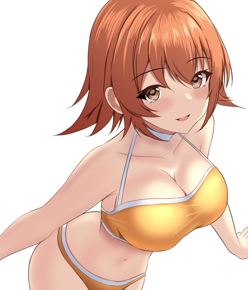 1girl bare_arms bikini blush breasts brown_eyes brown_hair cleavage collarbone hair_between_eyes highres kantai_collection large_breasts looking_at_viewer montemasa navel open_mouth orange_bikini richard_p._leary_(kancolle) short_hair sidelocks simple_background smile standing swimsuit white_background