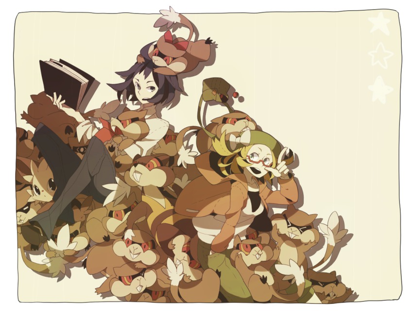 &gt;_&lt; 10s 1boy 1girl bad_id bad_pixiv_id bag beret bianca_(pokemon) black_hair blonde_hair book cheren_(pokemon) closed_eyes creature gen_5_pokemon glasses gym_leader hat hat_ribbon holding holding_book jacket lillipup necktie nintendo patrat poke_ball pokemon pokemon_(creature) pokemon_bw2 pokoten_(pokoten718) red_eyes ribbon star_(symbol) watchog