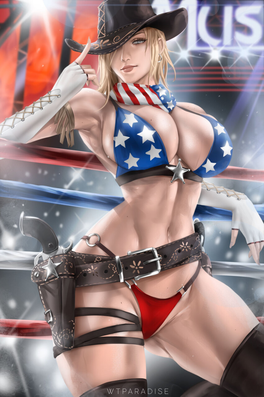 1girl american_flag american_flag_bikini american_flag_print artist_name ass belt bikini breasts brown_belt brown_thighhighs cleavage closed_mouth cowboy_hat dead_or_alive dead_or_alive_5 fingerless_gloves flag_print gloves gluteal_fold hat hat_over_one_eye highres holster large_breasts lips looking_at_viewer mole mole_on_breast navel print_bikini smile solo swimsuit tecmo thick_thighs thighhighs thighs tina_armstrong white_gloves wrestling_ring wtparadise