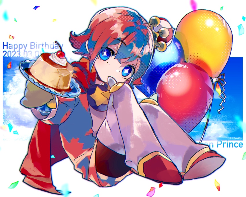 1boy balloon blue_eyes blue_sky blush cape crown food happy_birthday highres holding holding_food looking_at_viewer merumerumerume mini_crown ocean_prince pink_hair pudding puyopuyo red_cape salde_canarl_shellbrick_iii sky solo star_(symbol)