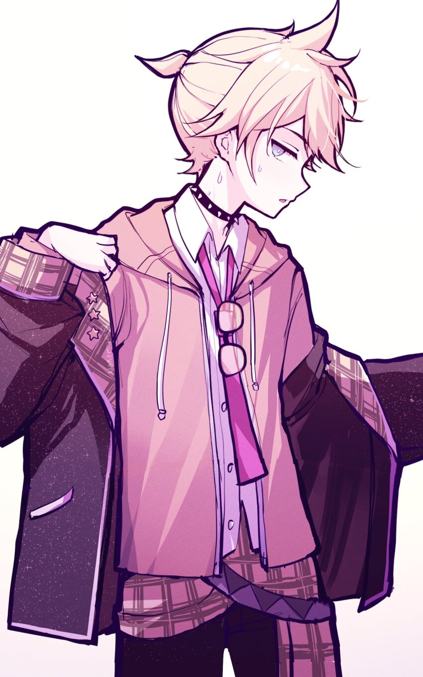 1boy ahoge art_waven black-framed_eyewear black_choker black_jacket black_pants blonde_hair bright_pupils brown_jacket choker collared_shirt commentary cowboy_shot drawstring english_commentary glasses grey_eyes hand_up highres hood hood_down hooded_jacket jacket jacket_partially_removed kagamine_len layered_sleeves long_sleeves looking_at_viewer male_focus necktie open_clothes open_jacket pants pink_necktie ponytail profile puffy_long_sleeves puffy_sleeves shirt short_hair short_ponytail sideways_glance sideways_mouth simple_background solo spiked_choker spikes standing star_(symbol) sweat unworn_eyewear vocaloid white_background white_pupils white_shirt