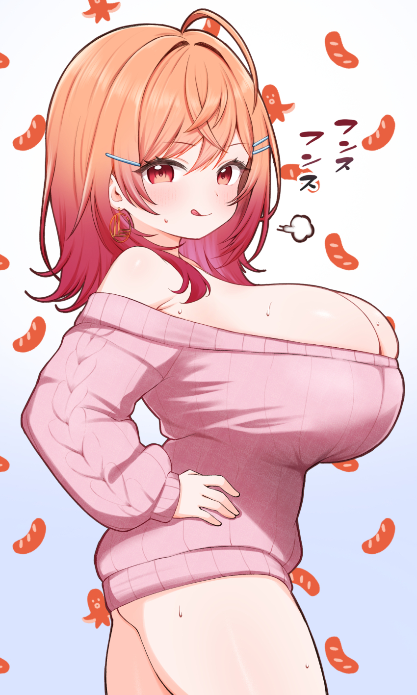 1girl :q absurdres ahoge ass blush breasts cleavage earrings food gradient_hair hair_ornament hairclip hand_on_own_hip highres hololive hololive_dev_is huge_breasts ichijou_ririka jewelry kani_bonara looking_at_viewer multicolored_hair orange_eyes orange_hair pink_sweater sausage smile solo standing sweater tongue tongue_out virtual_youtuber