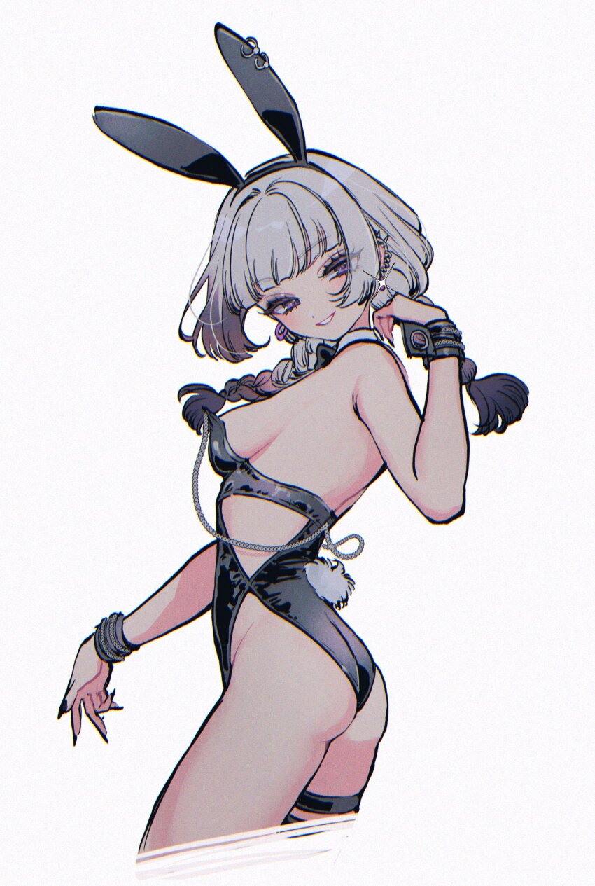 1girl animal_ears backless_outfit black_leotard braid breasts detached_collar ear_piercing fake_animal_ears highres leotard murasaki_pomeranian piercing playboy_bunny purple_eyes shibou_yuugi_de_meshi_o_kuu sideboob solo thigh_strap twin_braids white_background wrist_cuffs yuuki_(shibou_yuugi)